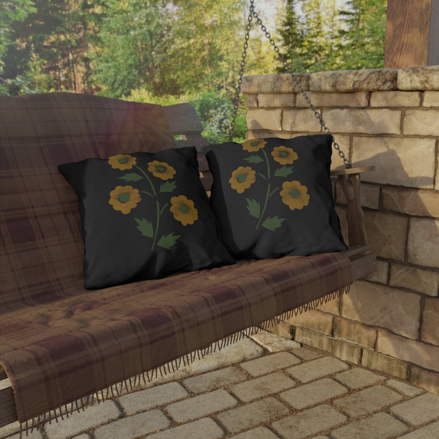 Stencil Flowers on Black Outdoor Pillows