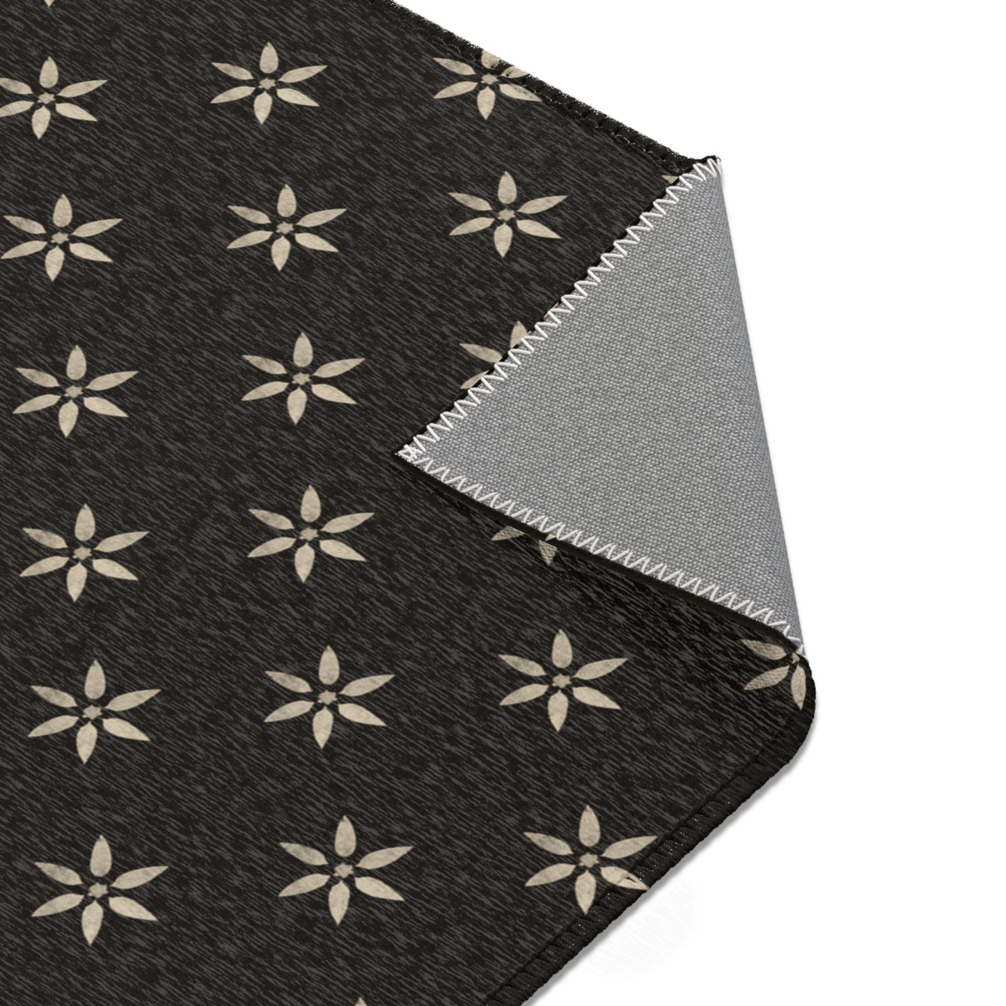 Large Cream Stencil Petals on Black Stylish Floral Area Rug, Cozy Home Decor, Modern Living Room Accent,