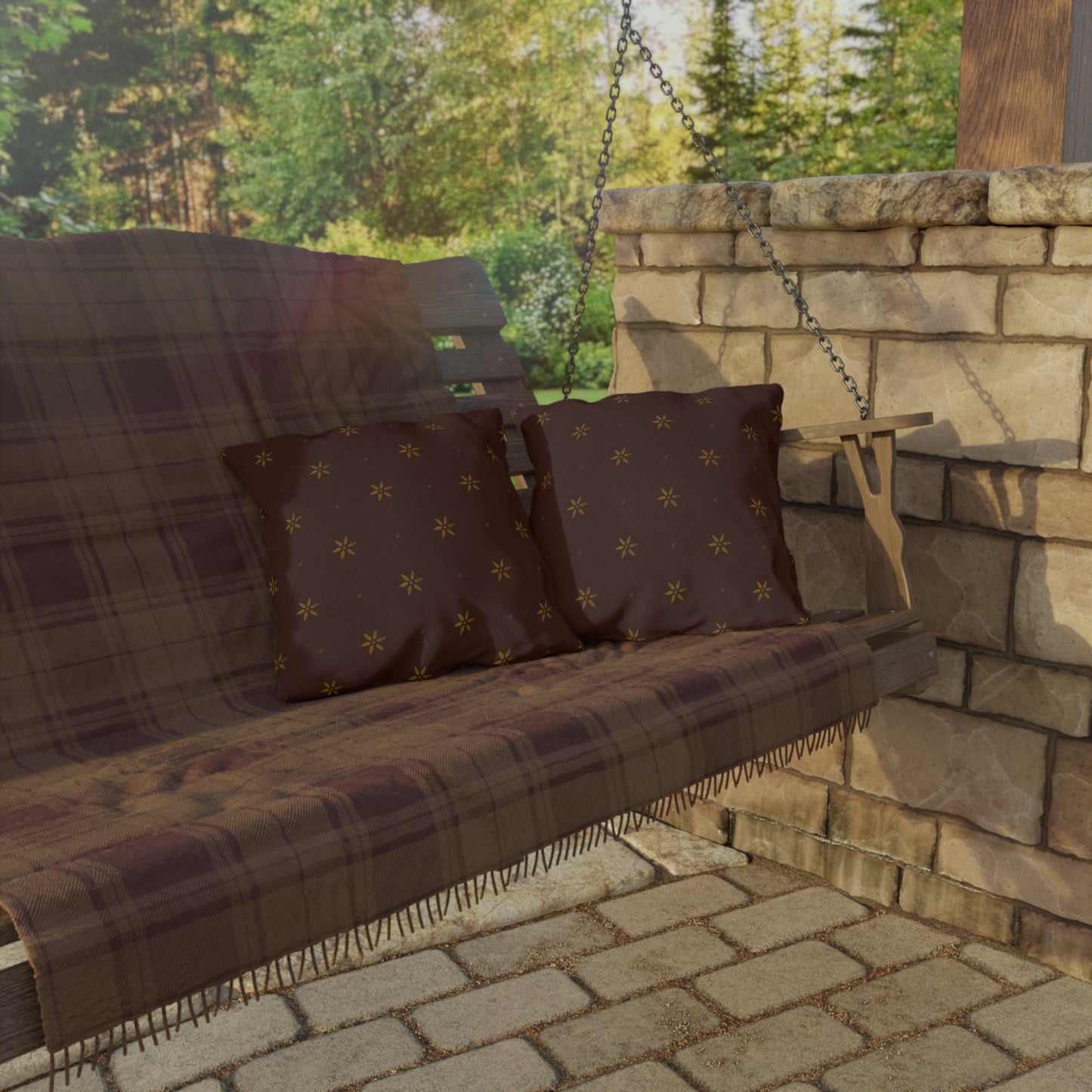 Mustard Petals on Red Early American Stencil Outdoor Pillows