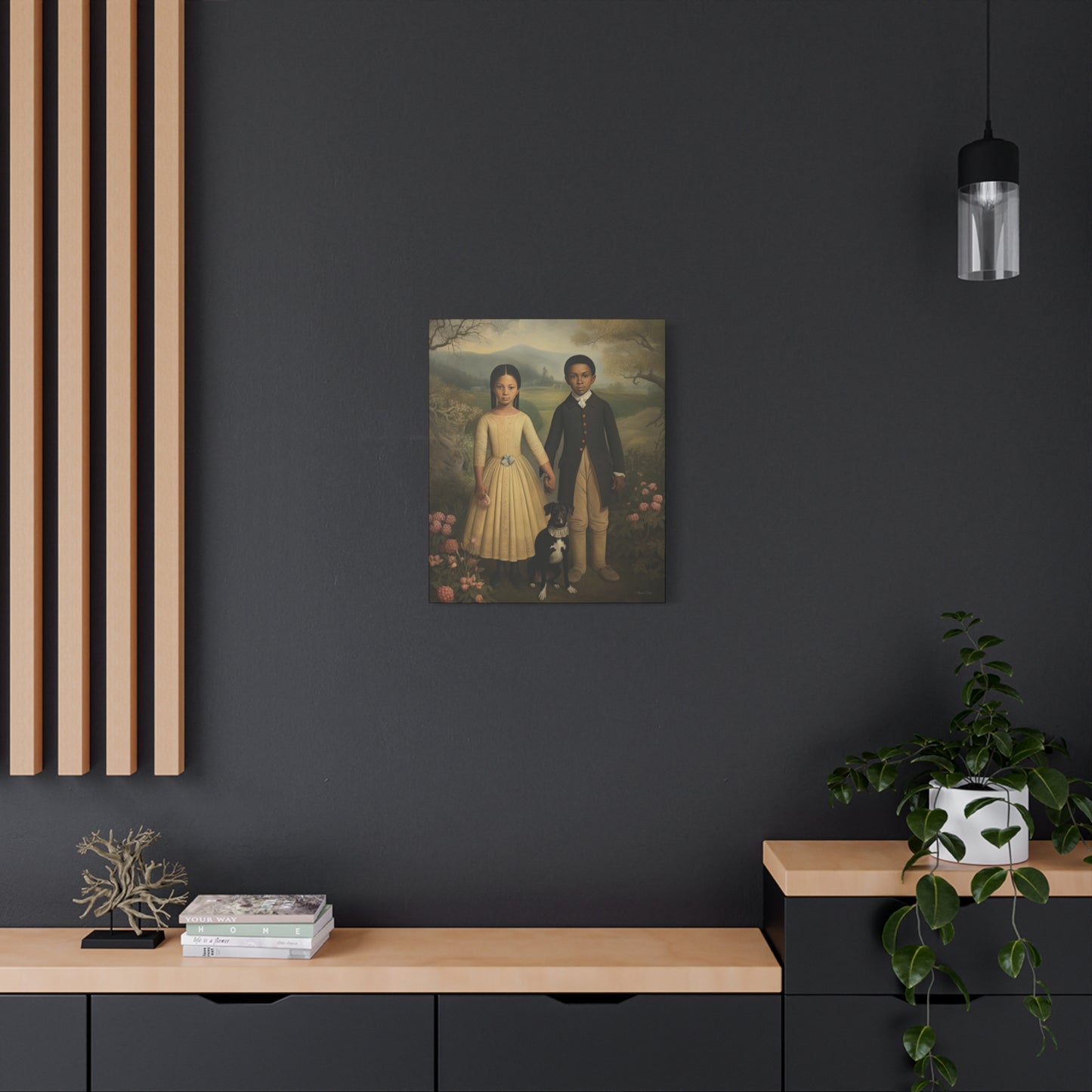 The Twins: Artistic Stretched Canvas Print - Vintage Children and Dog Portrait
