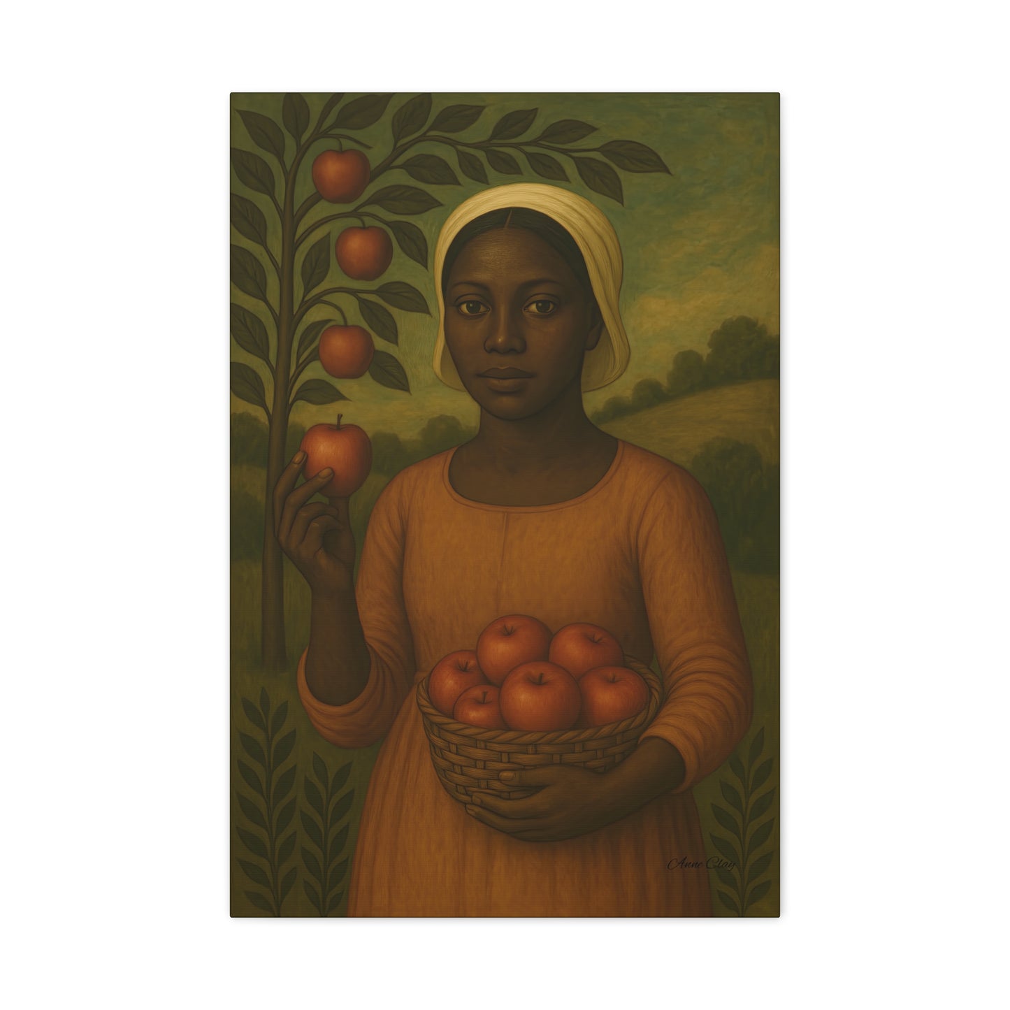 Autumn Harvest Primitive Folk Portrait of a Woman with Apples