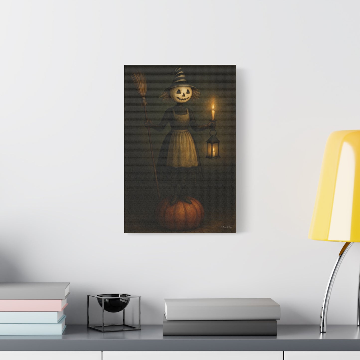 Halloween Witch Canvas Art Print, Spooky Home Decor, Pumpkin Lantern Wall Art, Fall Decoration, Halloween Gift