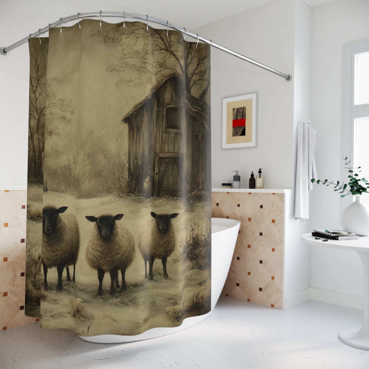 Rustic Farmhouse Shower Curtain, Cozy Bathroom Decor, Sheep Design,