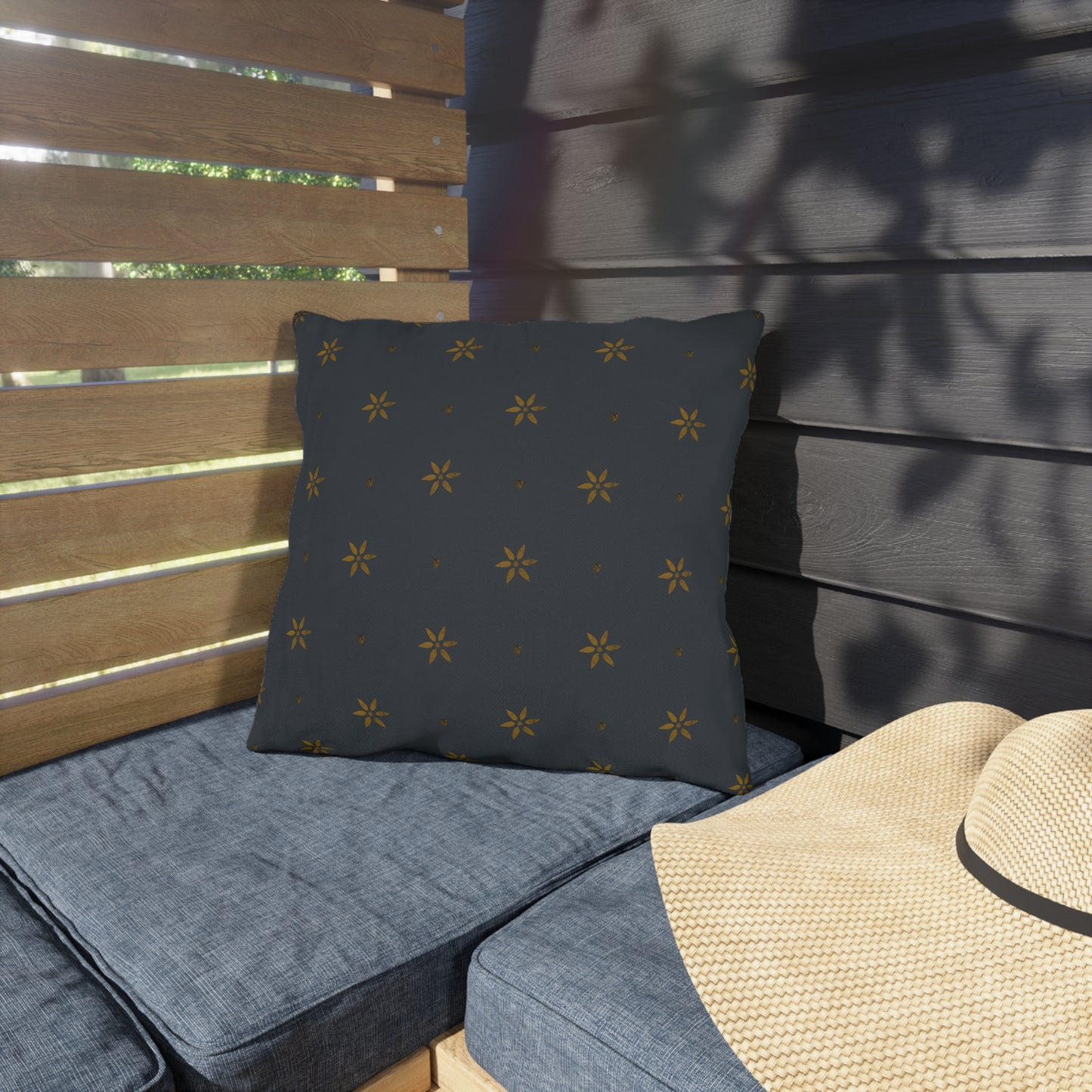 Early American Petal Stencil Mustard on Blue Outdoor Pillows