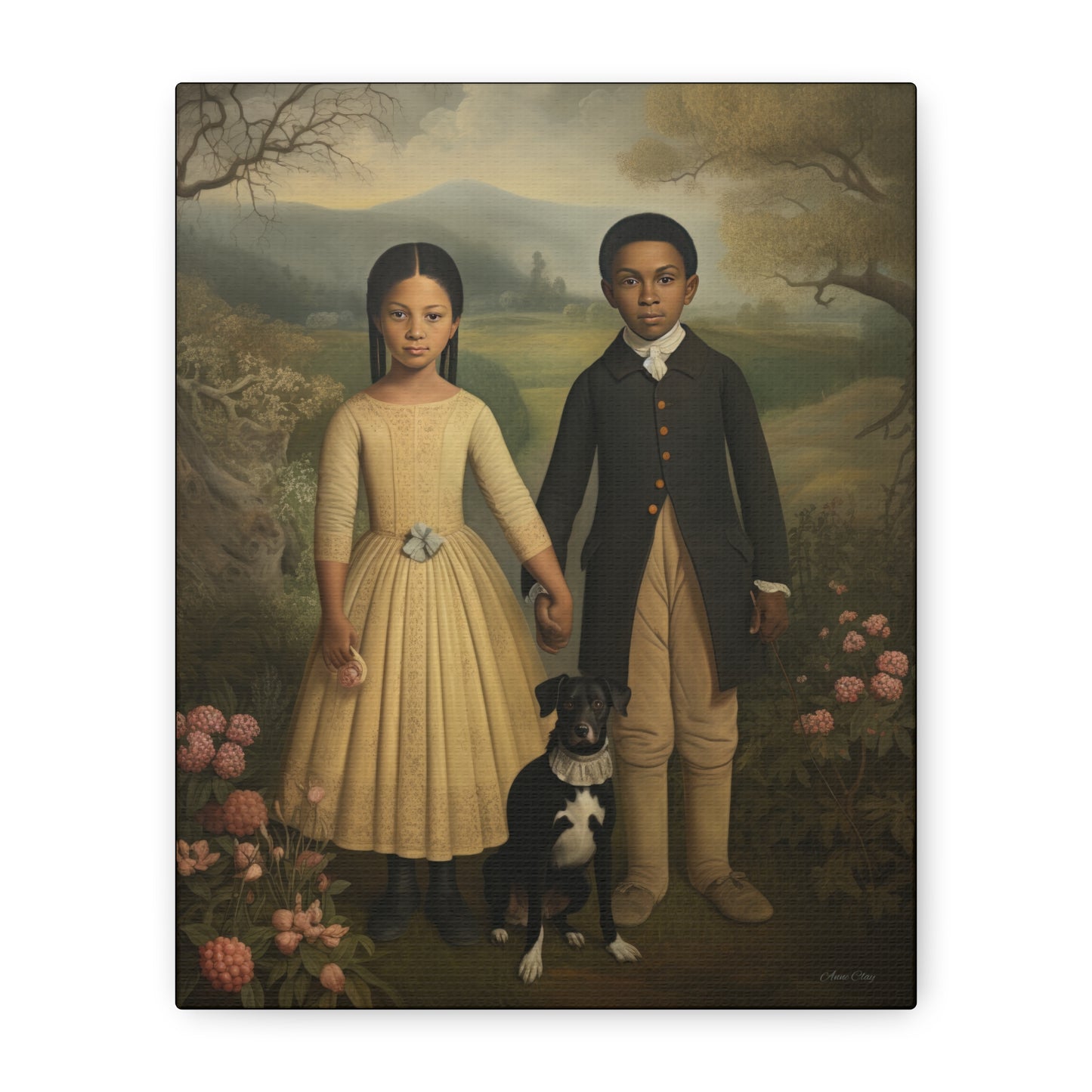 The Twins: Artistic Stretched Canvas Print - Vintage Children and Dog Portrait