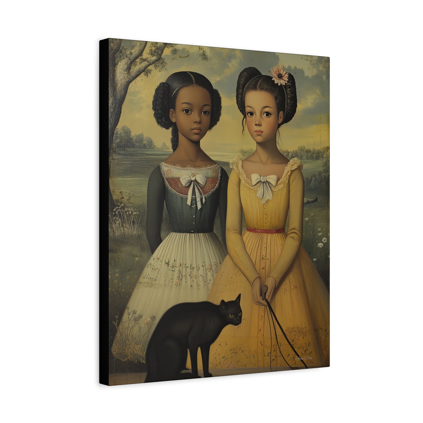 Canvas Wall Art, Timeless Sisters and Black Cat Portrait, Home Decor, Art Gift for Her, Vintage-Inspired Decoration