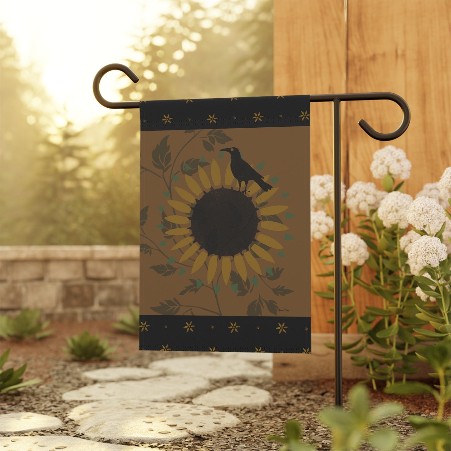 Sunflower and Crow Stencil Gold on Black Garden & House Banner