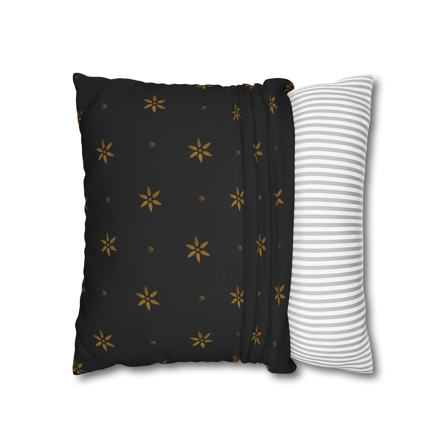Stencilled Mustard Petals on Black Square Poly Canvas Pillowcase
