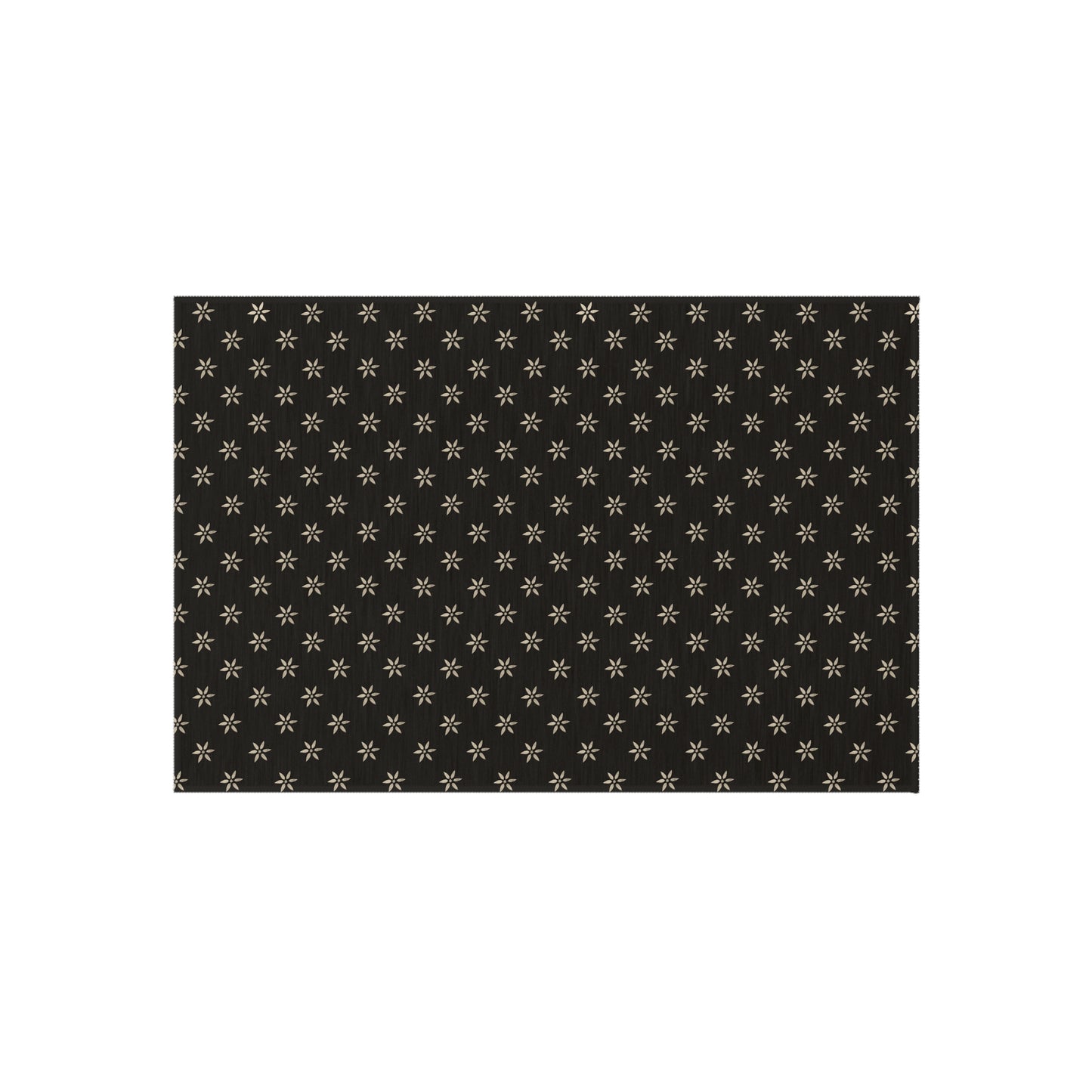 Cream Stencil Flowers on Black Outdoor Rug