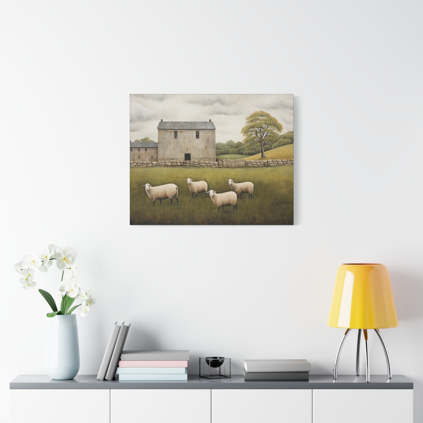 Rustic Farmhouse Canvas Wall Art with Sheep Landscape