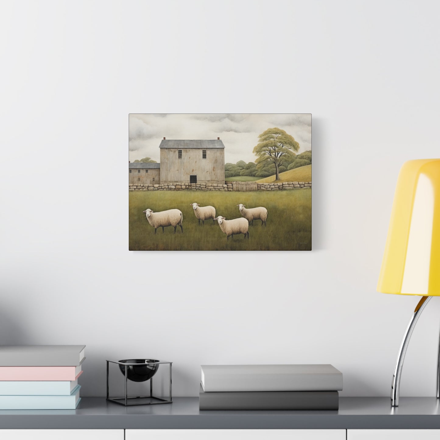 Rustic Farmhouse Canvas Wall Art with Sheep Landscape