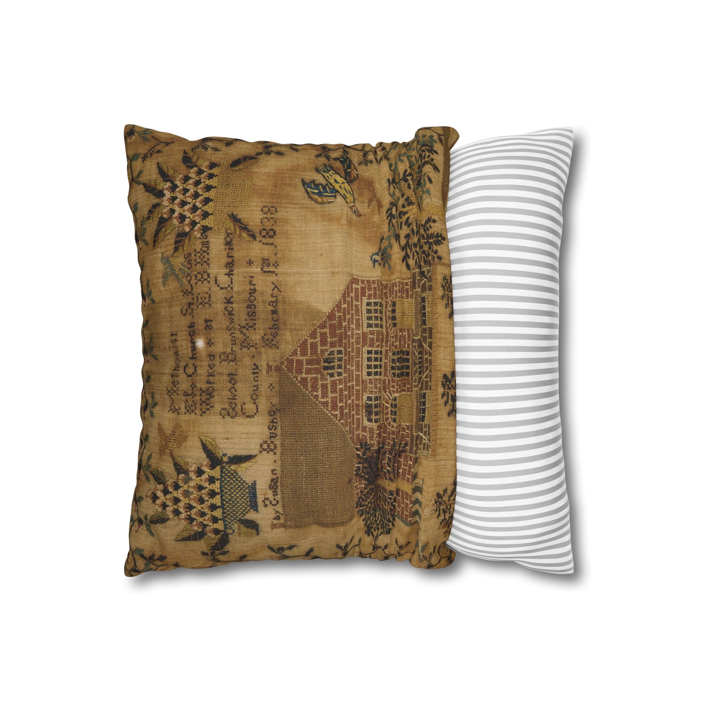 Vintage-Inspired Square Poly Canvas Pillowcase - Rustic Home Decor with Historic Schoolhouse Design