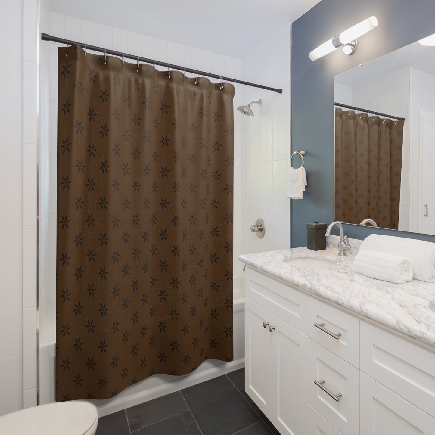 Black Stencil Flower on Chocolate Shower Curtains