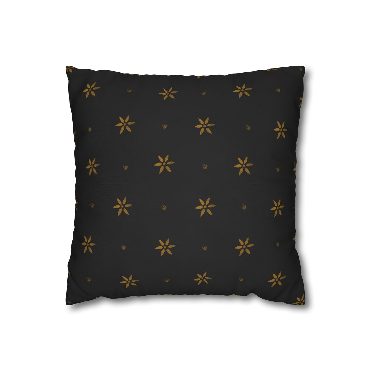 Stencilled Mustard Petals on Black Square Poly Canvas Pillowcase