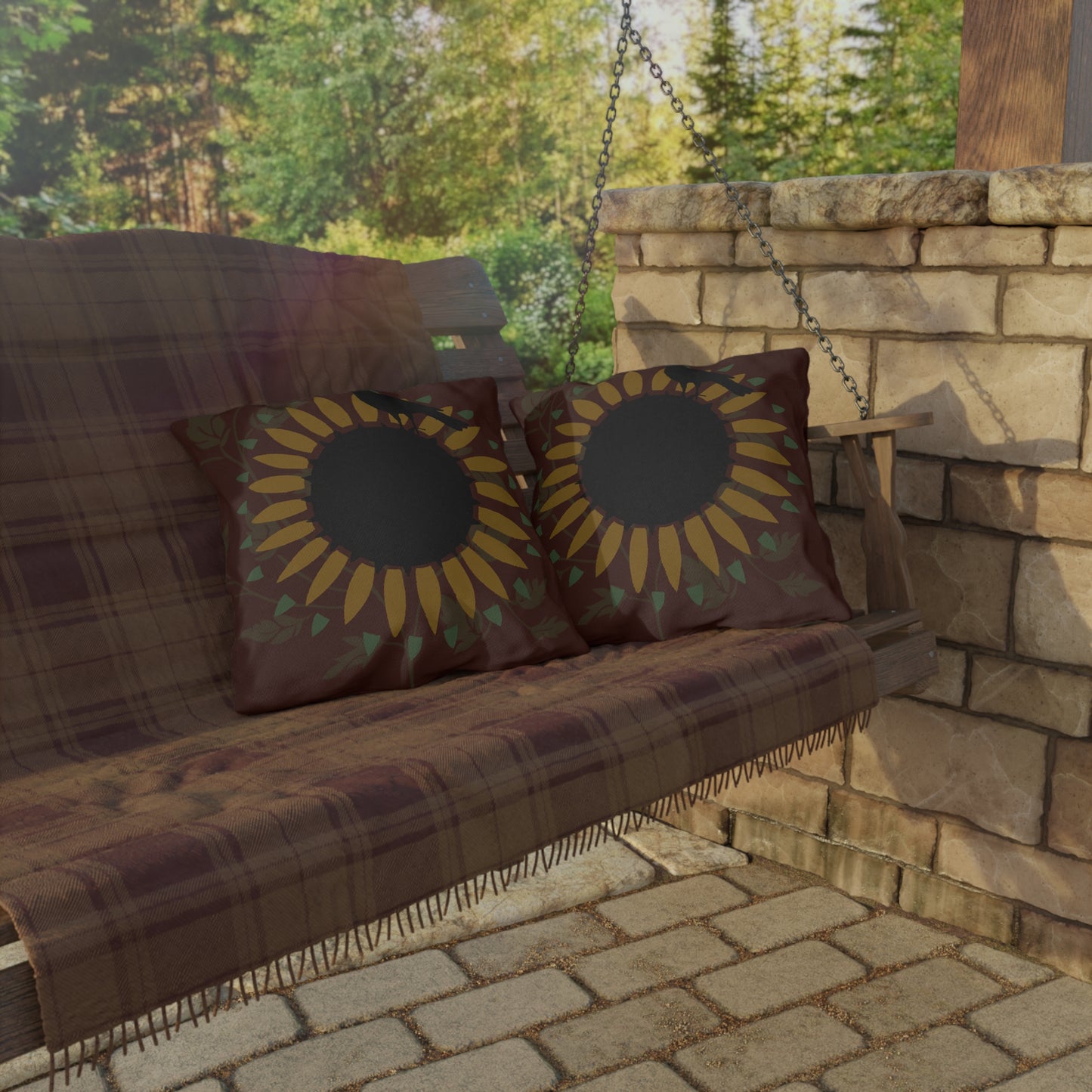 Crow on the Sunflower Red Background Outdoor Pillows
