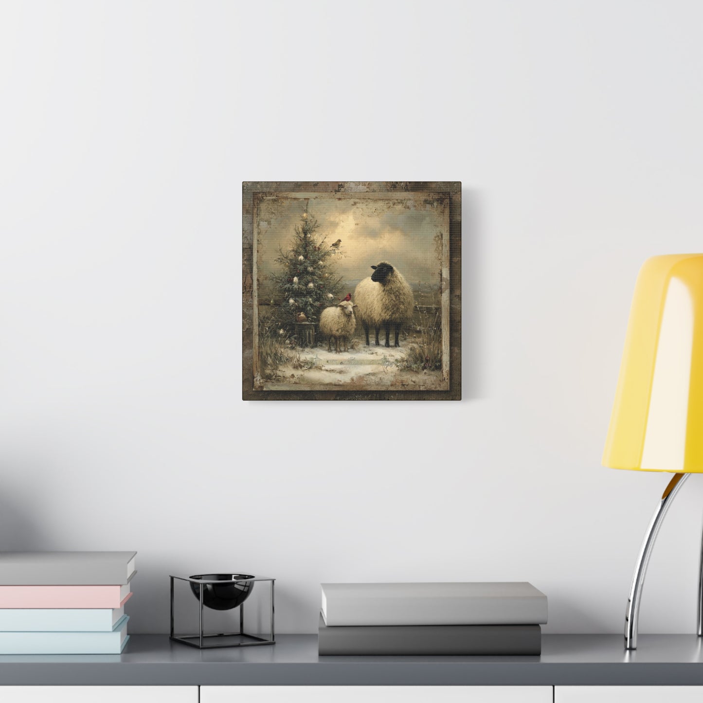 Rustic Sheep Art Canvas Print, Farmhouse Decor, Holiday Wall Art, Cozy Home Vibe, Christmas Sheep Painting, Farmhouse Wall Art