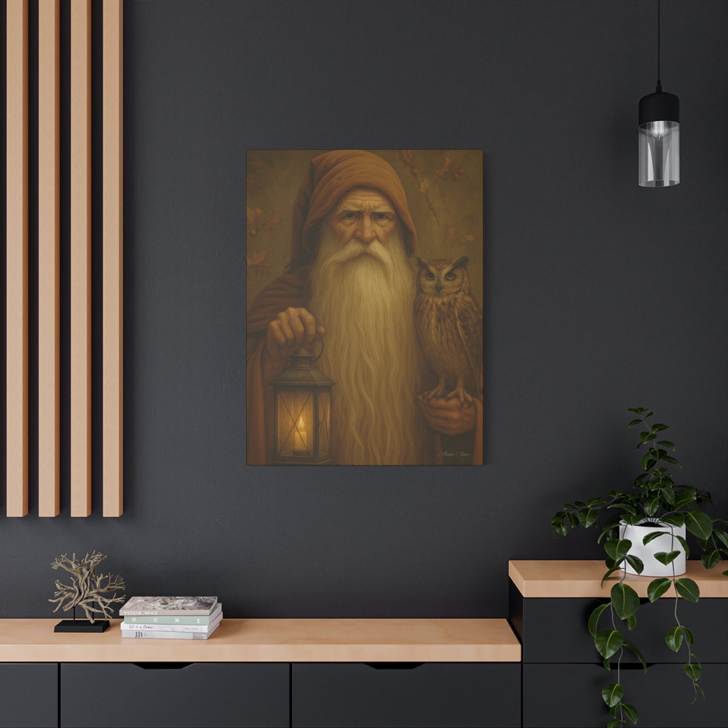 Mystical Canvas Wall Art, Nature Decor, Wizard Artwork, Rustic Home Decor, Owl and Lantern Painting