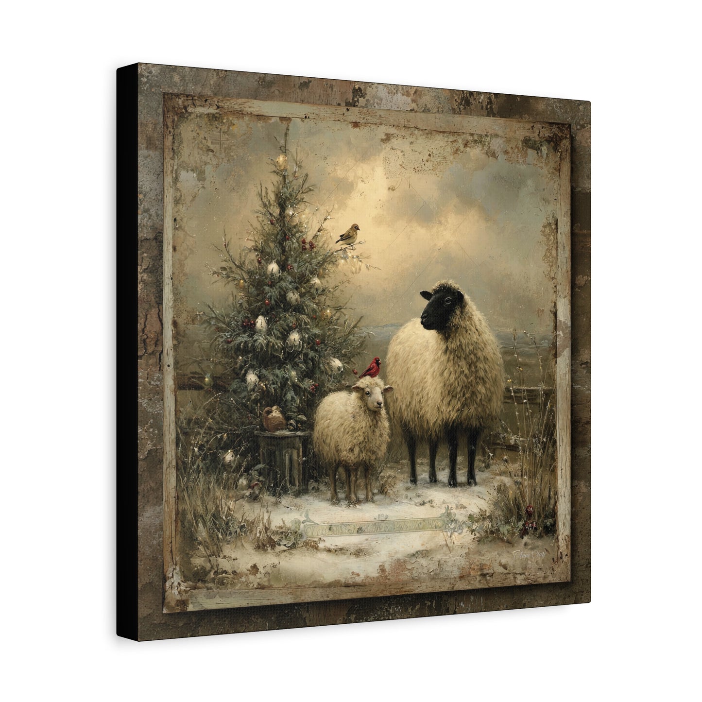 Rustic Sheep Art Canvas Print, Farmhouse Decor, Holiday Wall Art, Cozy Home Vibe, Christmas Sheep Painting, Farmhouse Wall Art