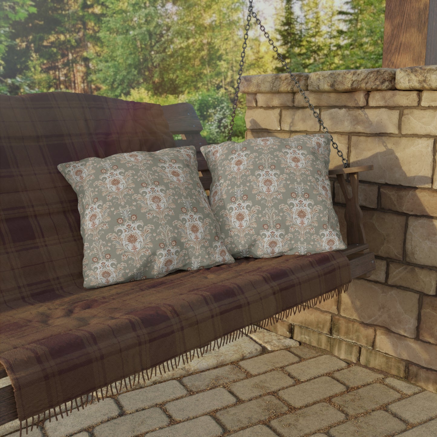Green and Gold Damask Outdoor Pillows