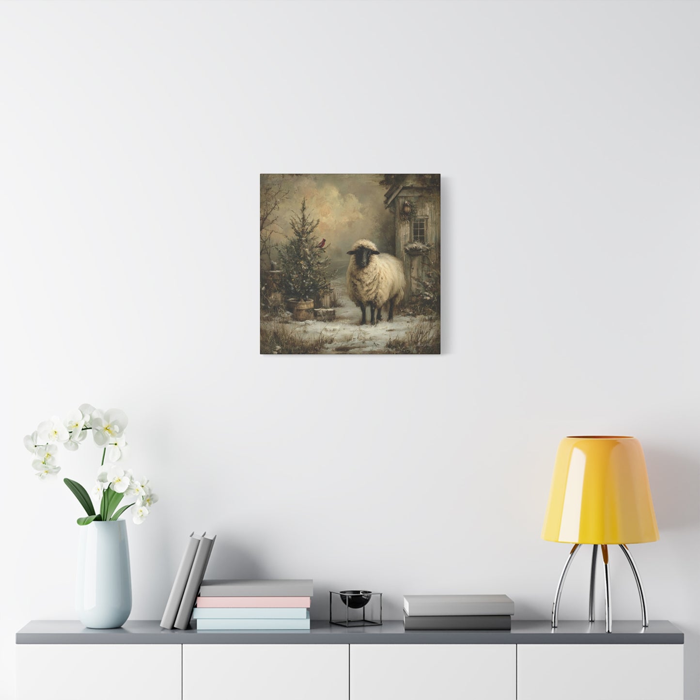 Cozy Farmhouse Canvas Print, Rustic Home Decor, Christmas Wall Art, Sheep Artwork, Winter Landscape Decor, Gift for Animal Lovers