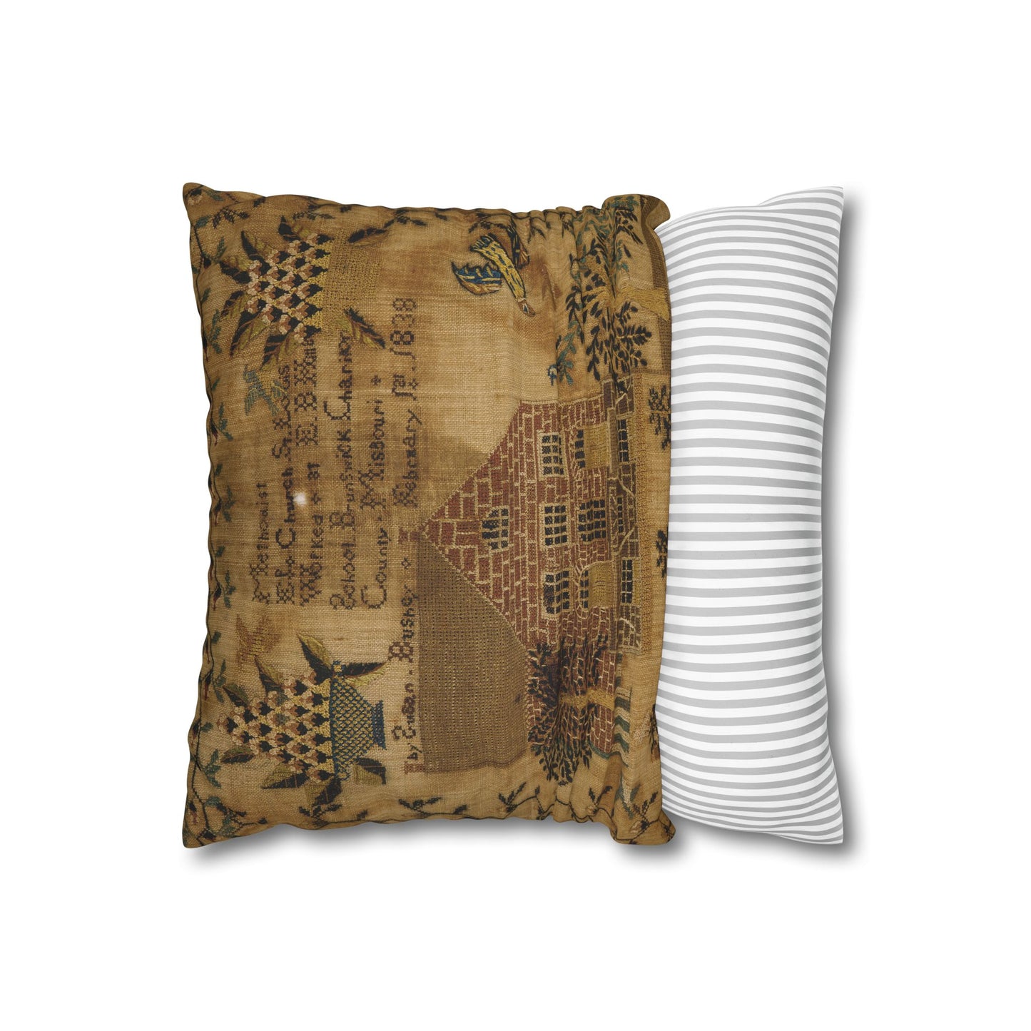Vintage-Inspired Square Poly Canvas Pillowcase - Rustic Home Decor with Historic Schoolhouse Design