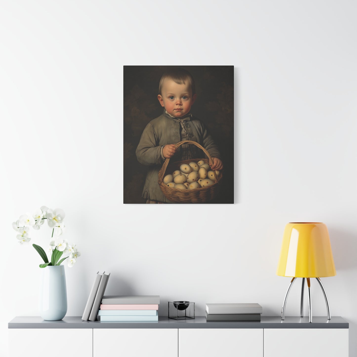 Boy with Eggs Whimsical Child Portrait Canvas Art - Vintage Decor for Home