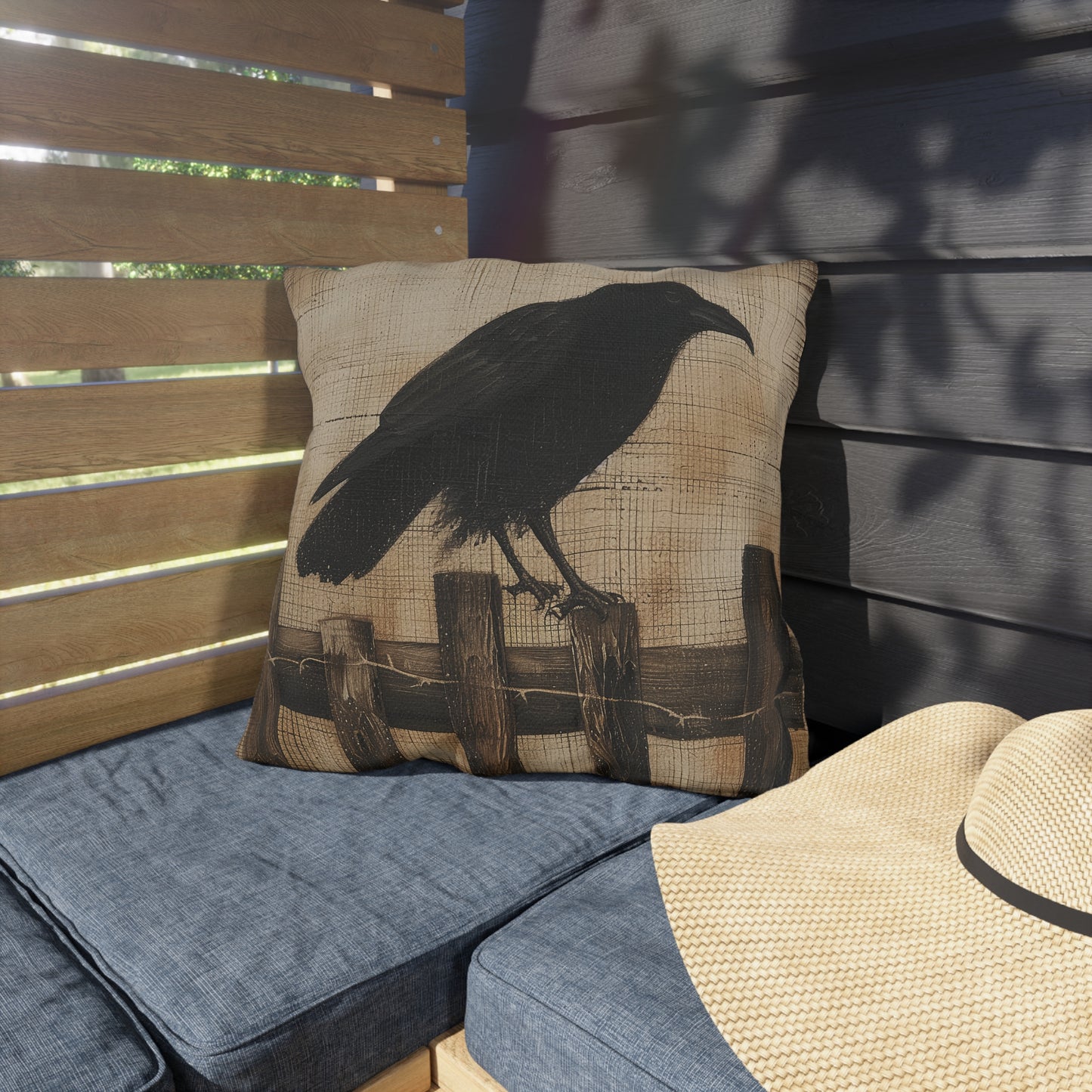 Black Crow on a Fence Outdoor Pillows