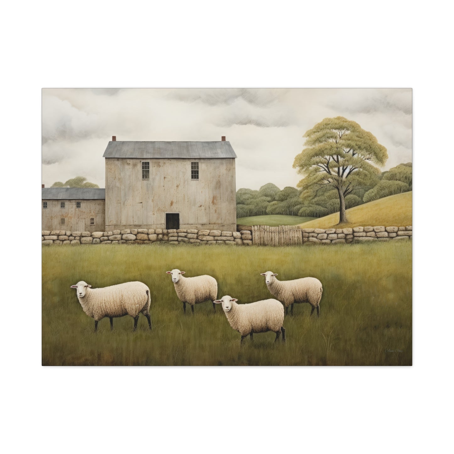 Rustic Farmhouse Canvas Wall Art with Sheep Landscape