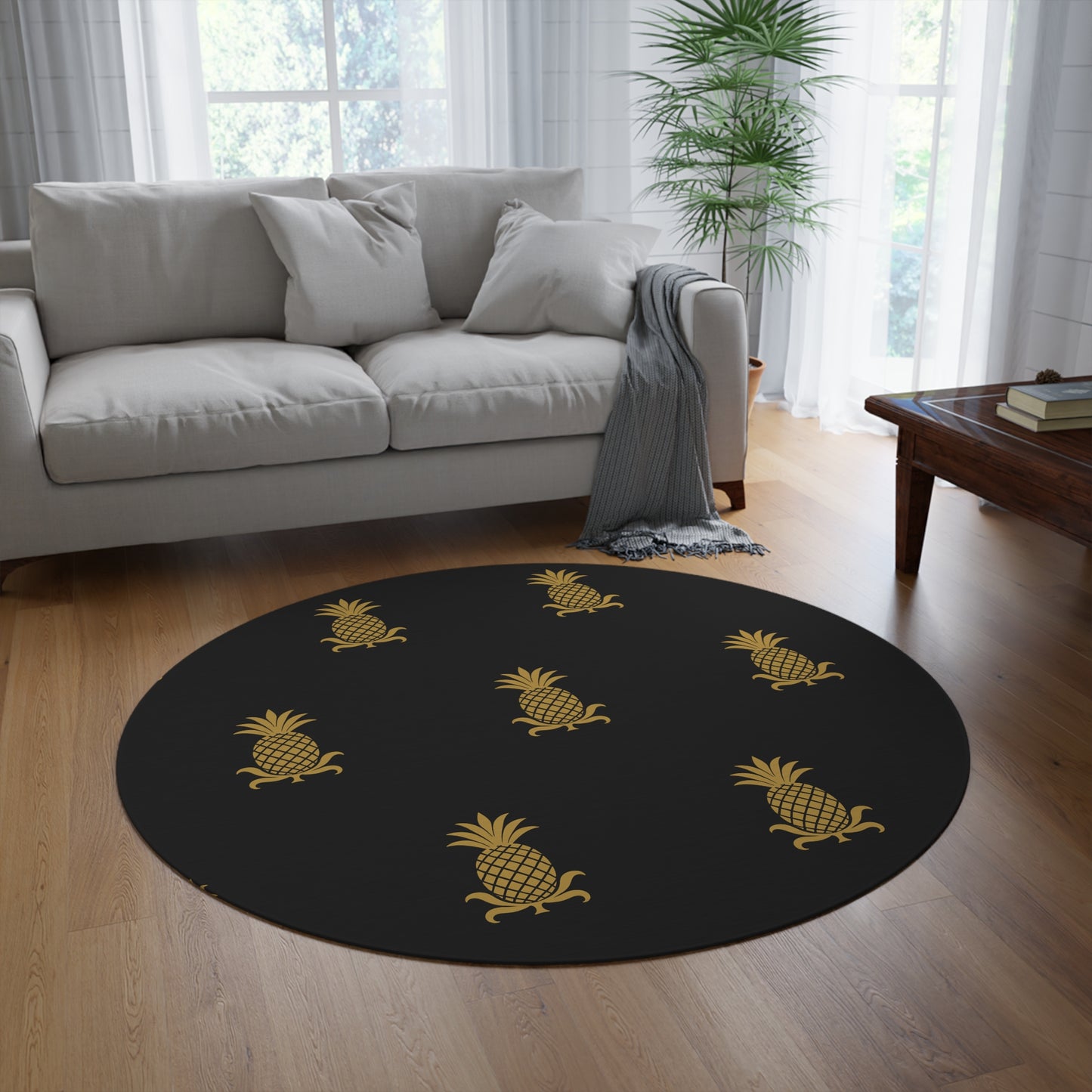 Gold Pineapple Round Rug for Modern Homes, Stylish Area Rug, Unique Décor, Beach House Accessory, Holiday Gift Idea