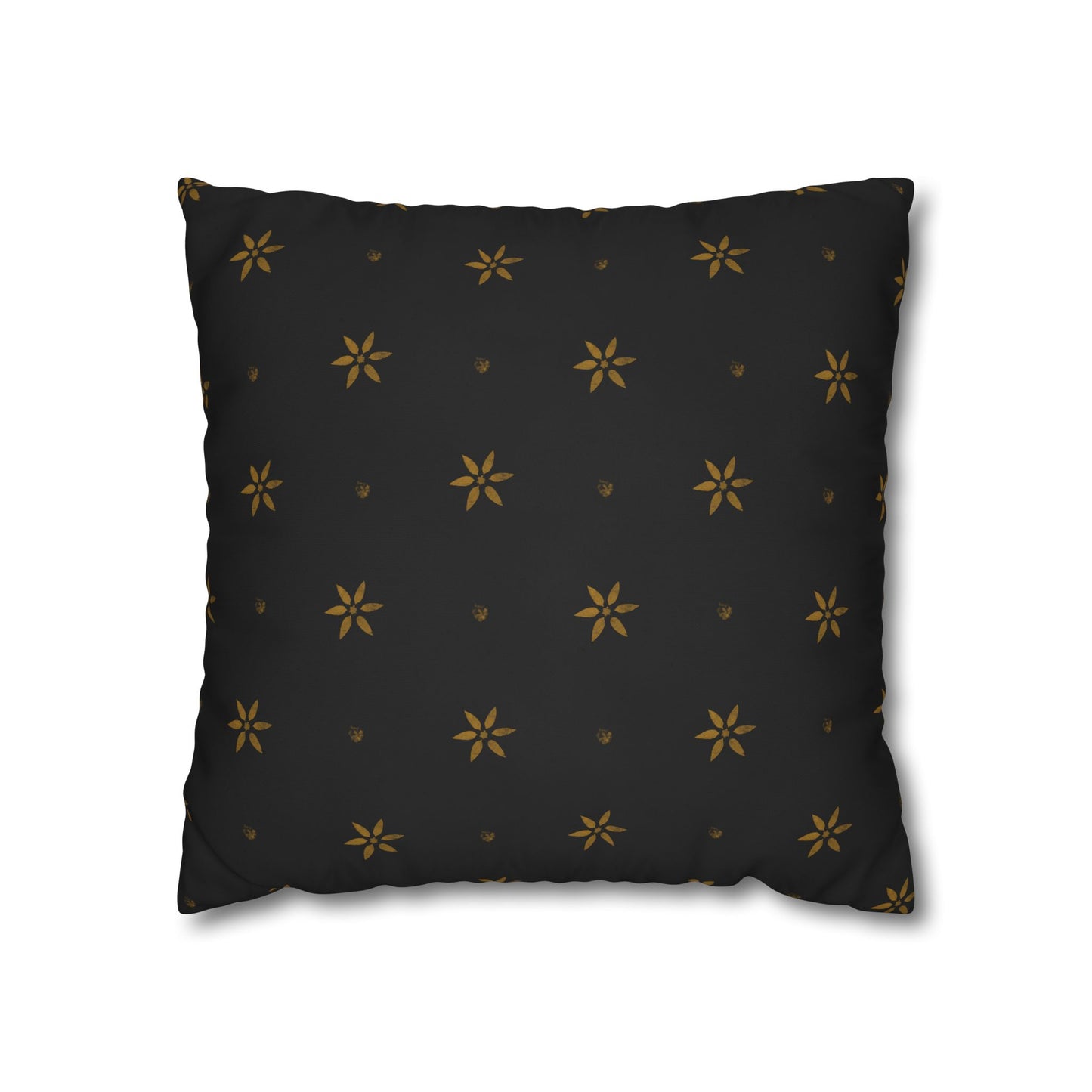 Stencilled Mustard Petals on Black Square Poly Canvas Pillowcase