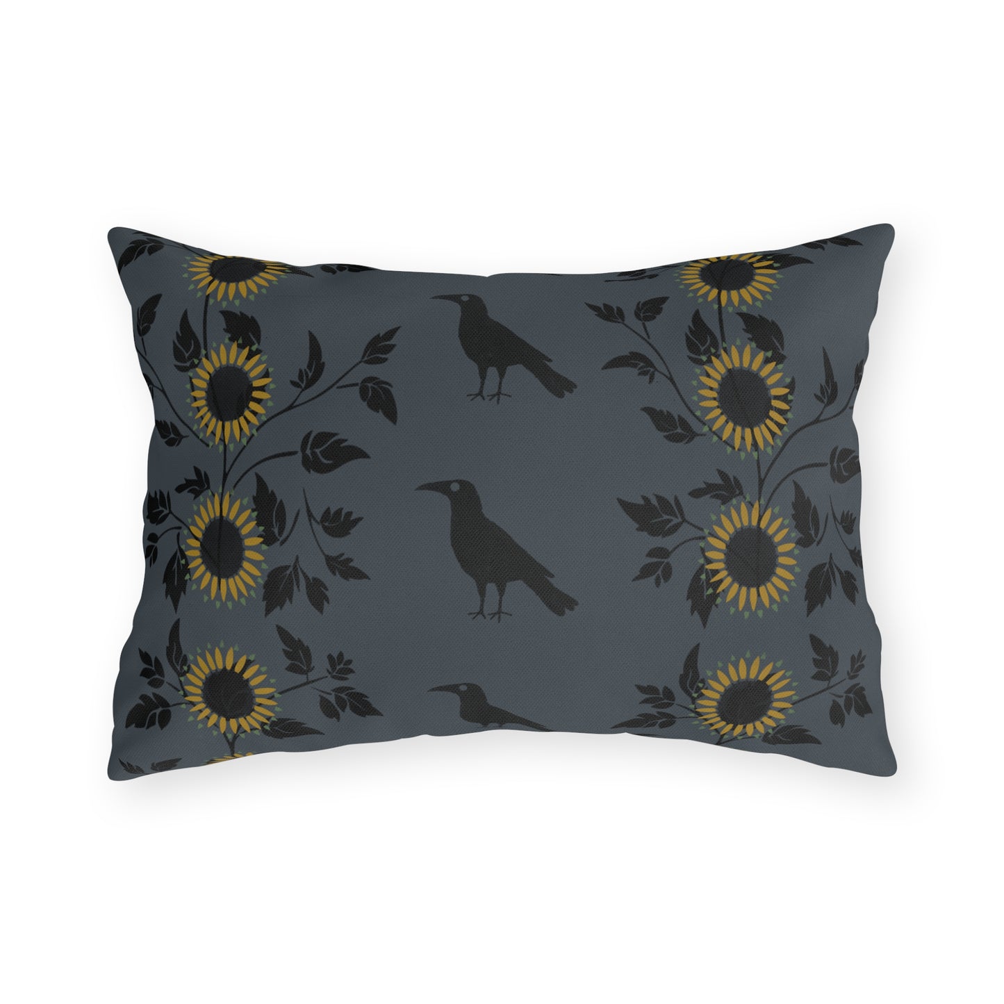 Sunflowers and Crows on Blue Outdoor Pillows