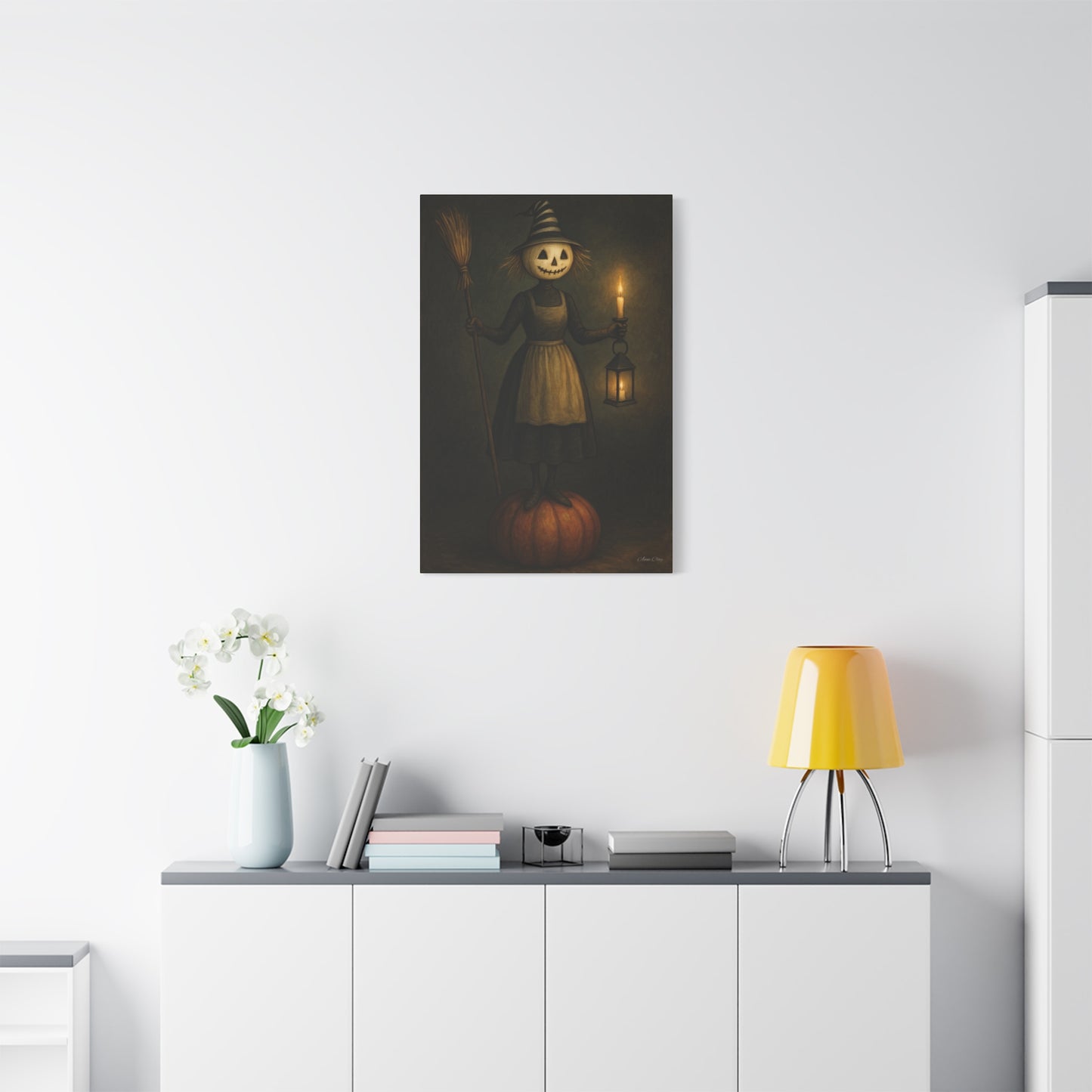 Halloween Witch Canvas Art Print, Spooky Home Decor, Pumpkin Lantern Wall Art, Fall Decoration, Halloween Gift