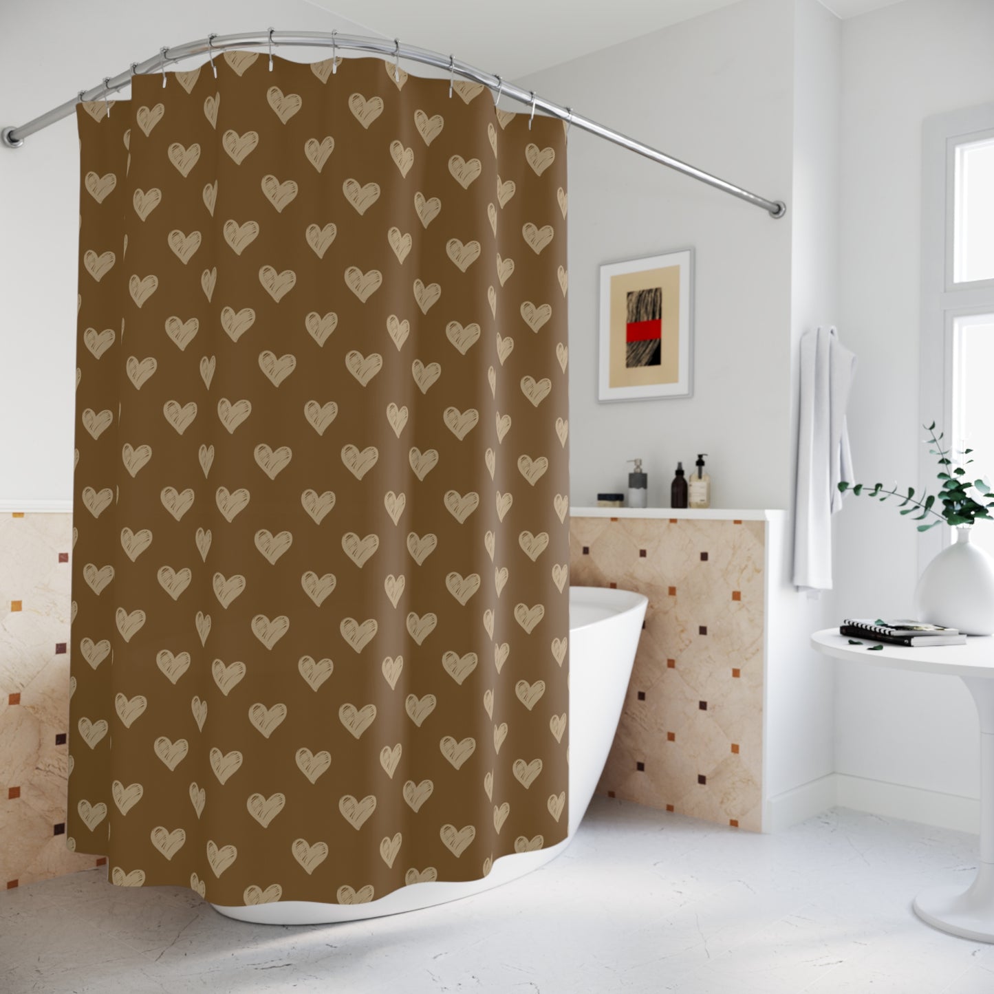 Cream Hearts on Latte Shower Curtains