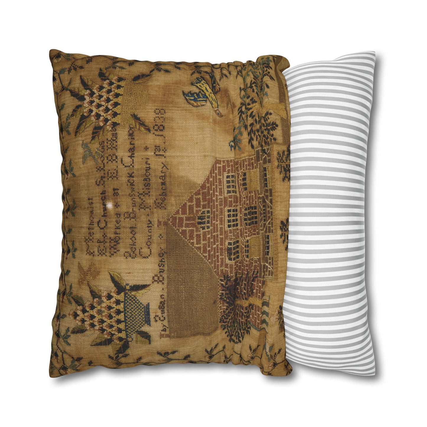 Vintage-Inspired Square Poly Canvas Pillowcase - Rustic Home Decor with Historic Schoolhouse Design