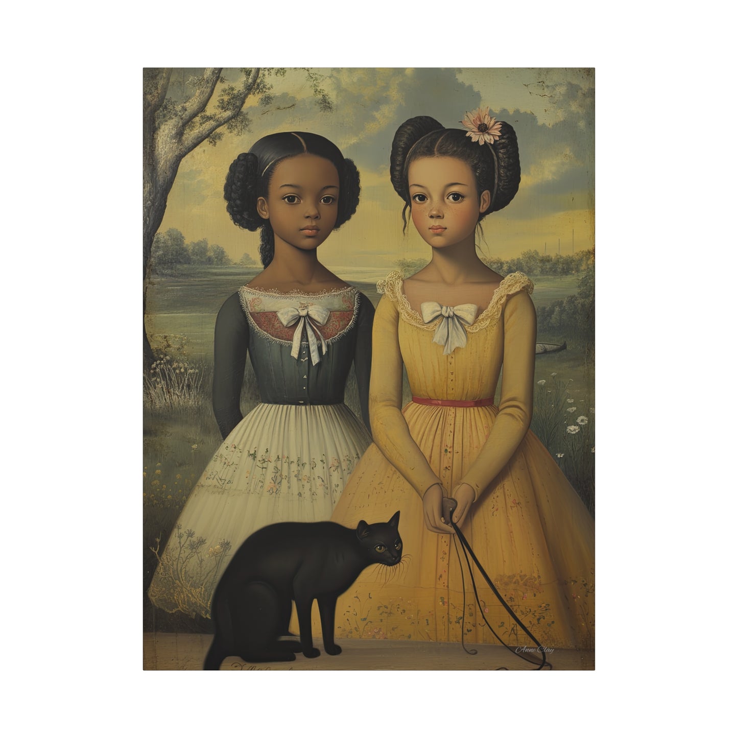 Canvas Wall Art, Timeless Sisters and Black Cat Portrait, Home Decor, Art Gift for Her, Vintage-Inspired Decoration
