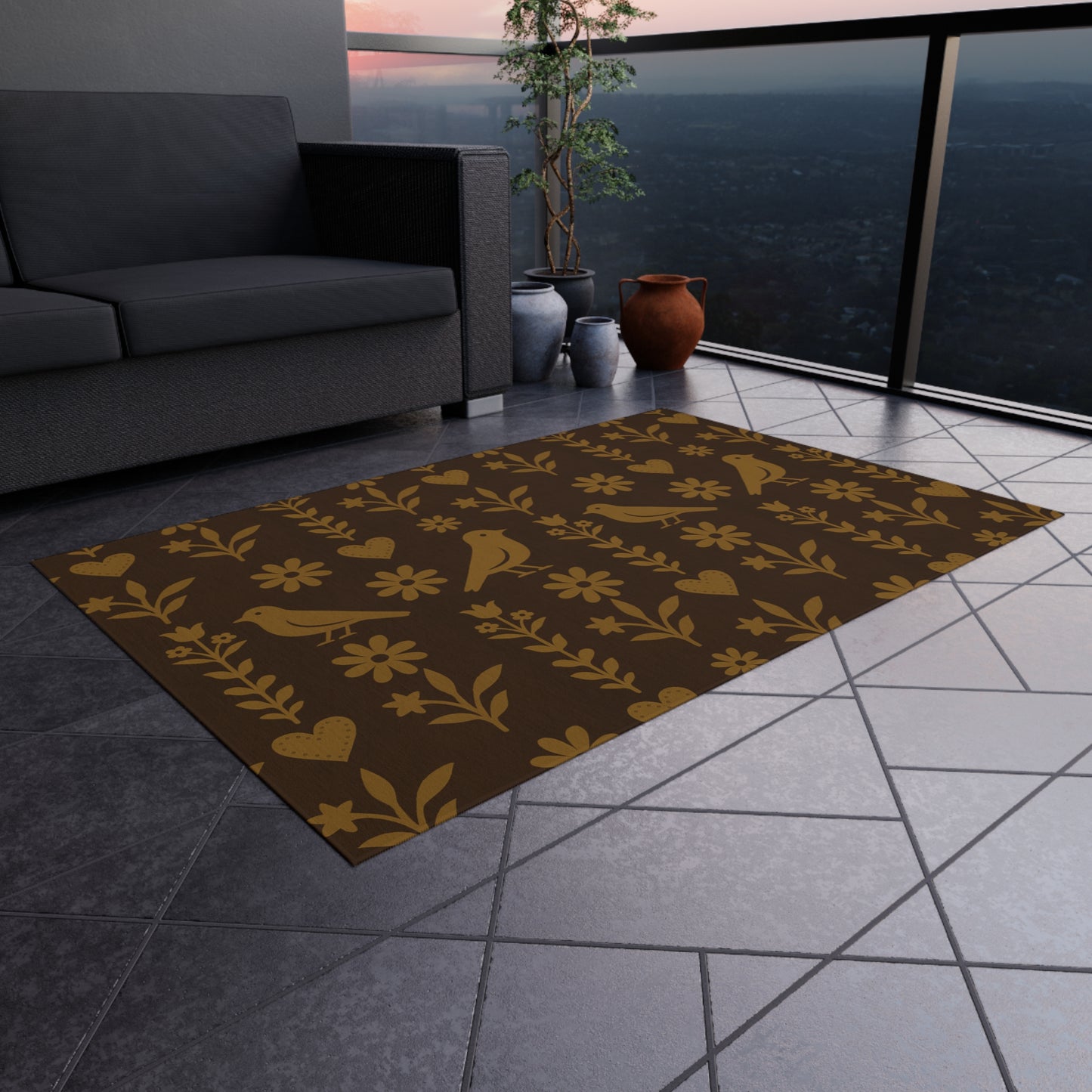 Charming Outdoor Rug for Patios, Gardens, Camping, Bohemian Decor, Bird Pattern, Seasonal Decorating