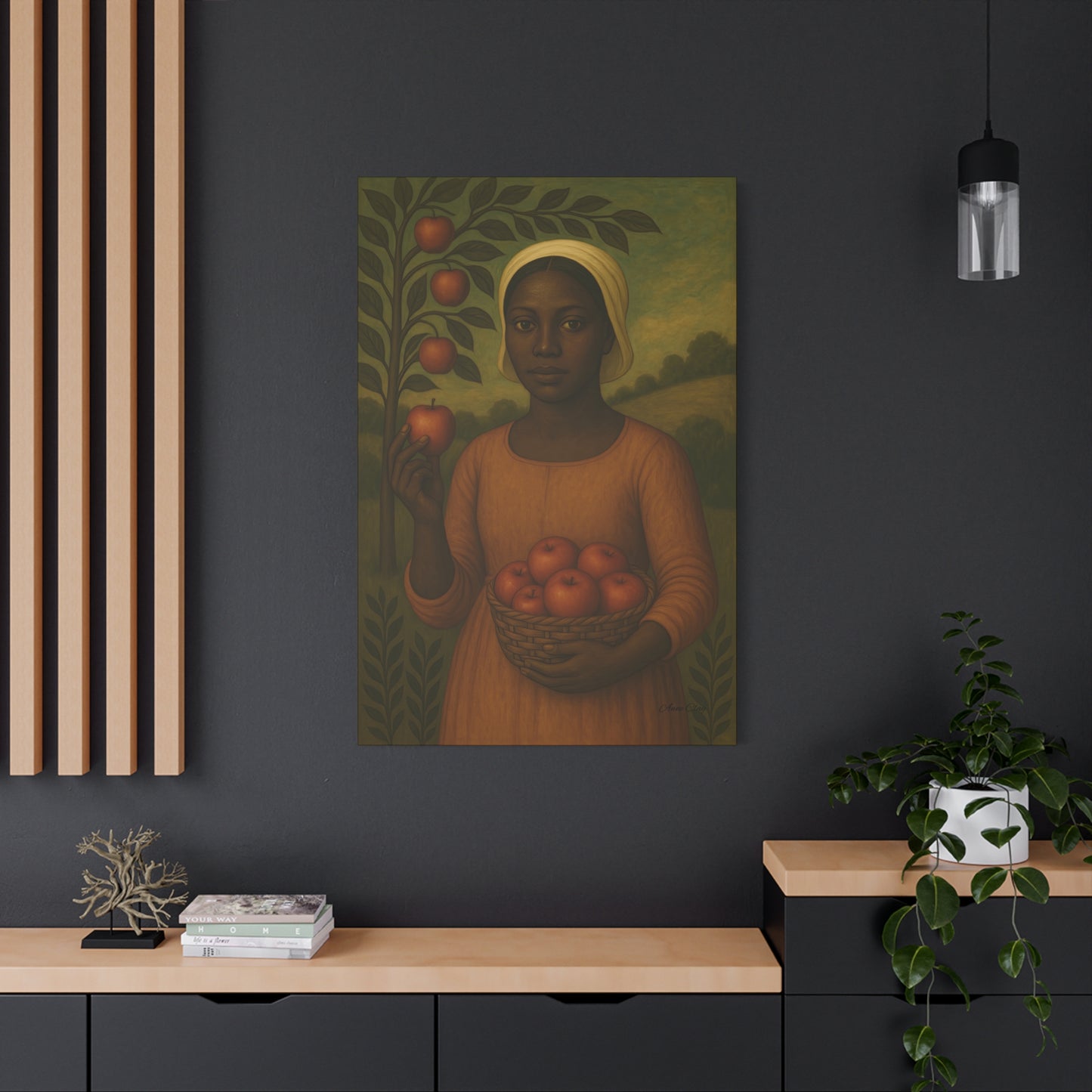 Autumn Harvest Primitive Folk Portrait of a Woman with Apples