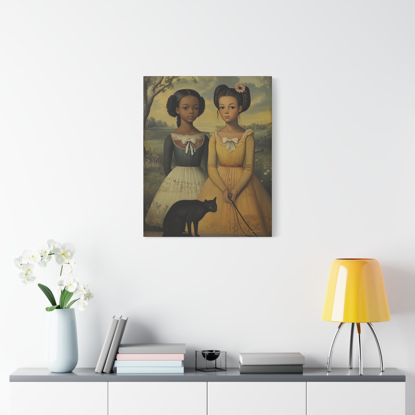 Canvas Wall Art, Timeless Sisters and Black Cat Portrait, Home Decor, Art Gift for Her, Vintage-Inspired Decoration