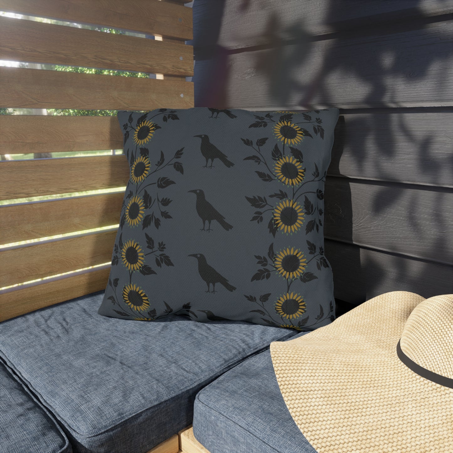 Sunflowers and Crows on Blue Outdoor Pillows