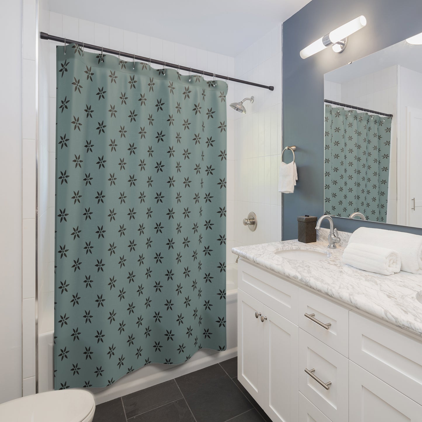 Black Flower Stencil on Ocean Shower Curtains
