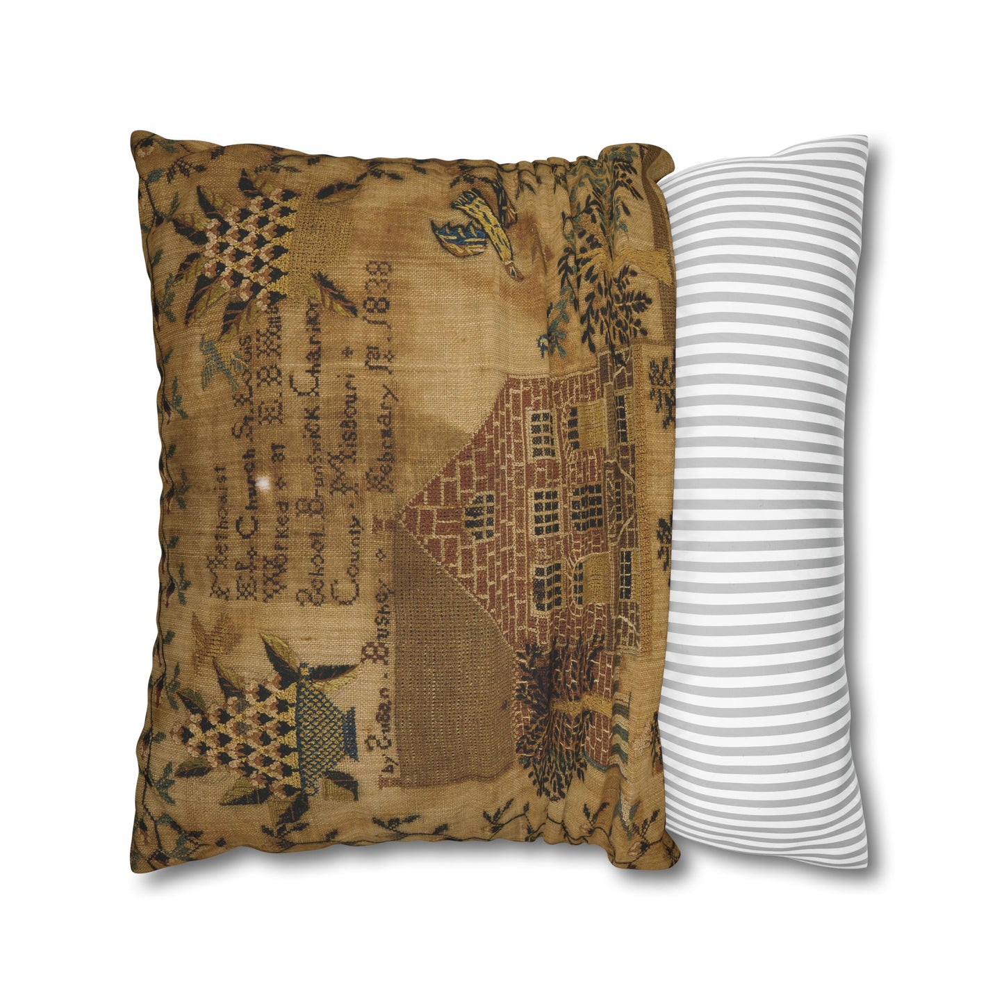 Vintage-Inspired Square Poly Canvas Pillowcase - Rustic Home Decor with Historic Schoolhouse Design