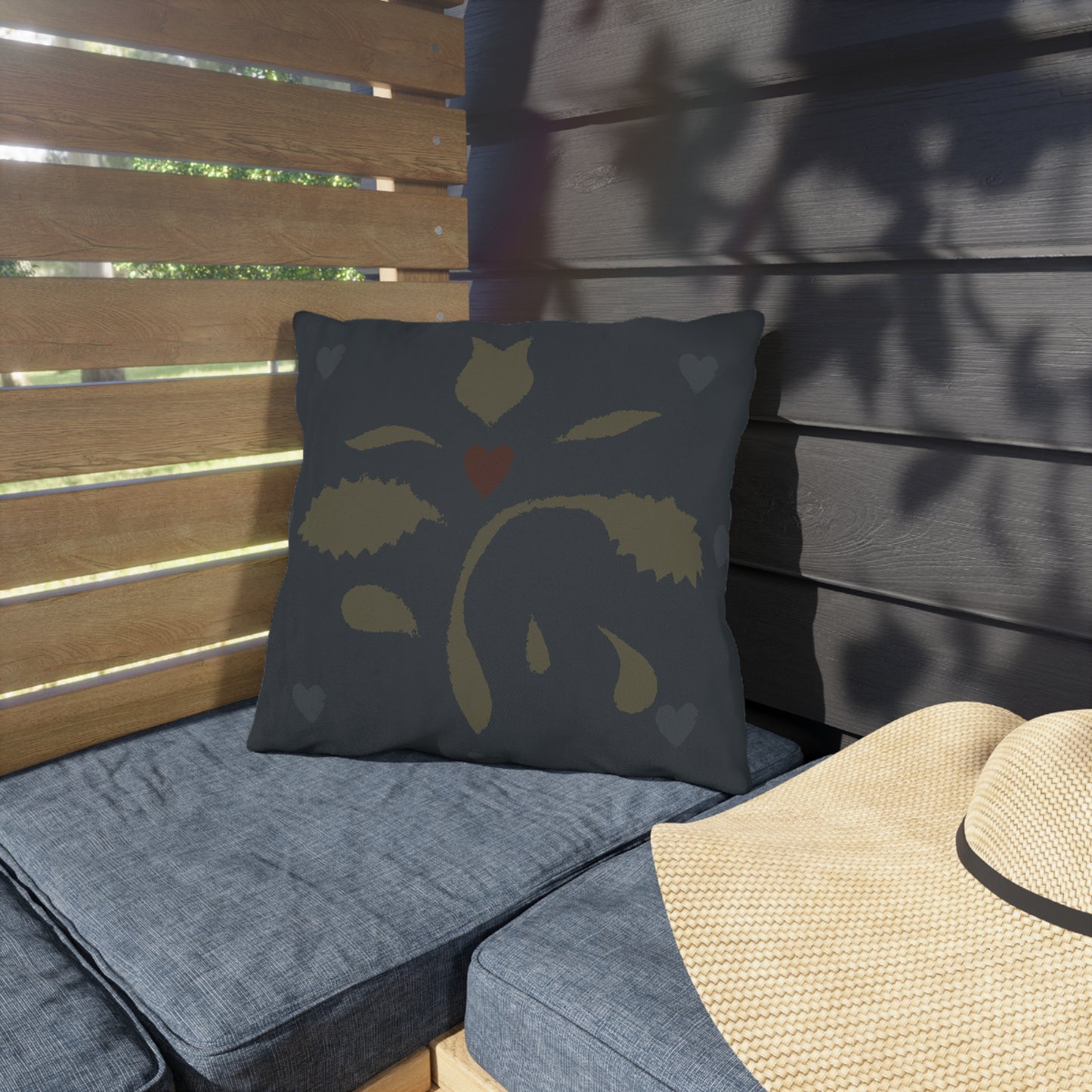 Leaves and Hearts on Blue Early American Stencil Outdoor Pillows