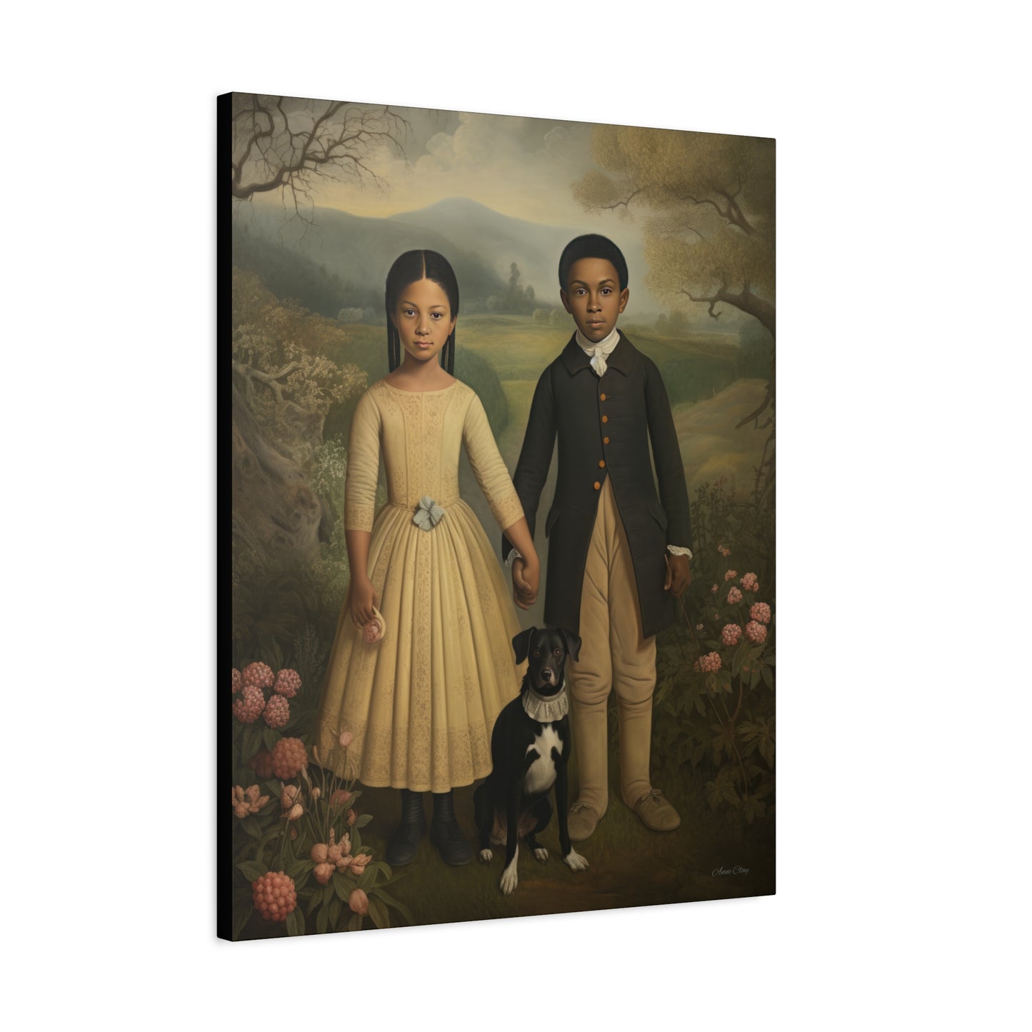 The Twins: Artistic Stretched Canvas Print - Vintage Children and Dog Portrait
