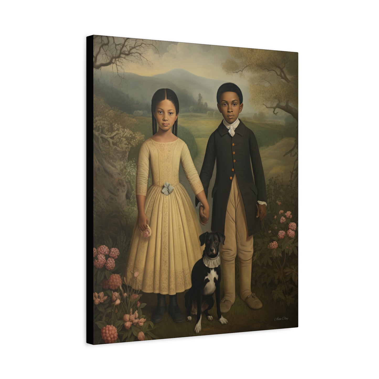 The Twins: Artistic Stretched Canvas Print - Vintage Children and Dog Portrait