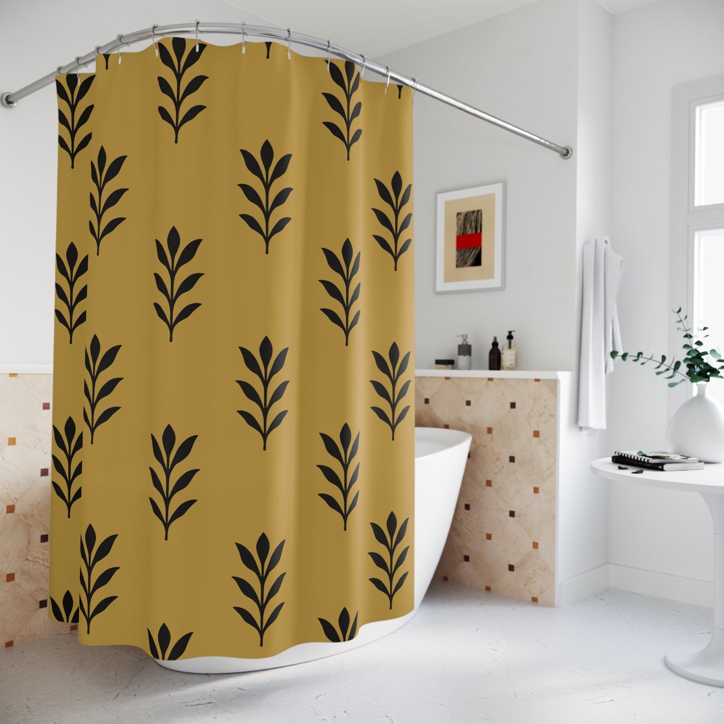 Mustard and Black Stencil Leaf Shower Curtain, Bathroom Decor, Leaf Print Curtain, Unique Home Accessory,