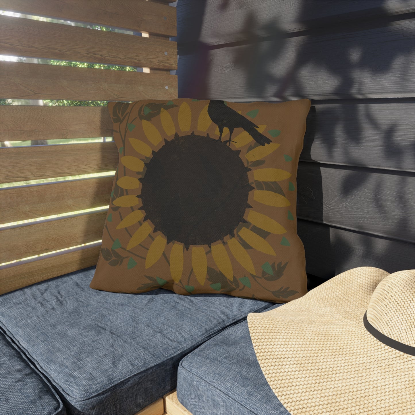 Crow on Sundlfoew Stencil on Gold Outdoor Pillows