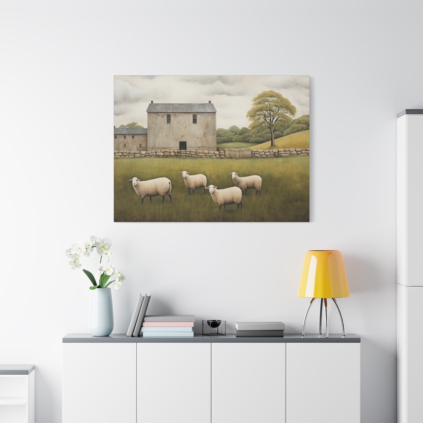 Rustic Farmhouse Canvas Wall Art with Sheep Landscape