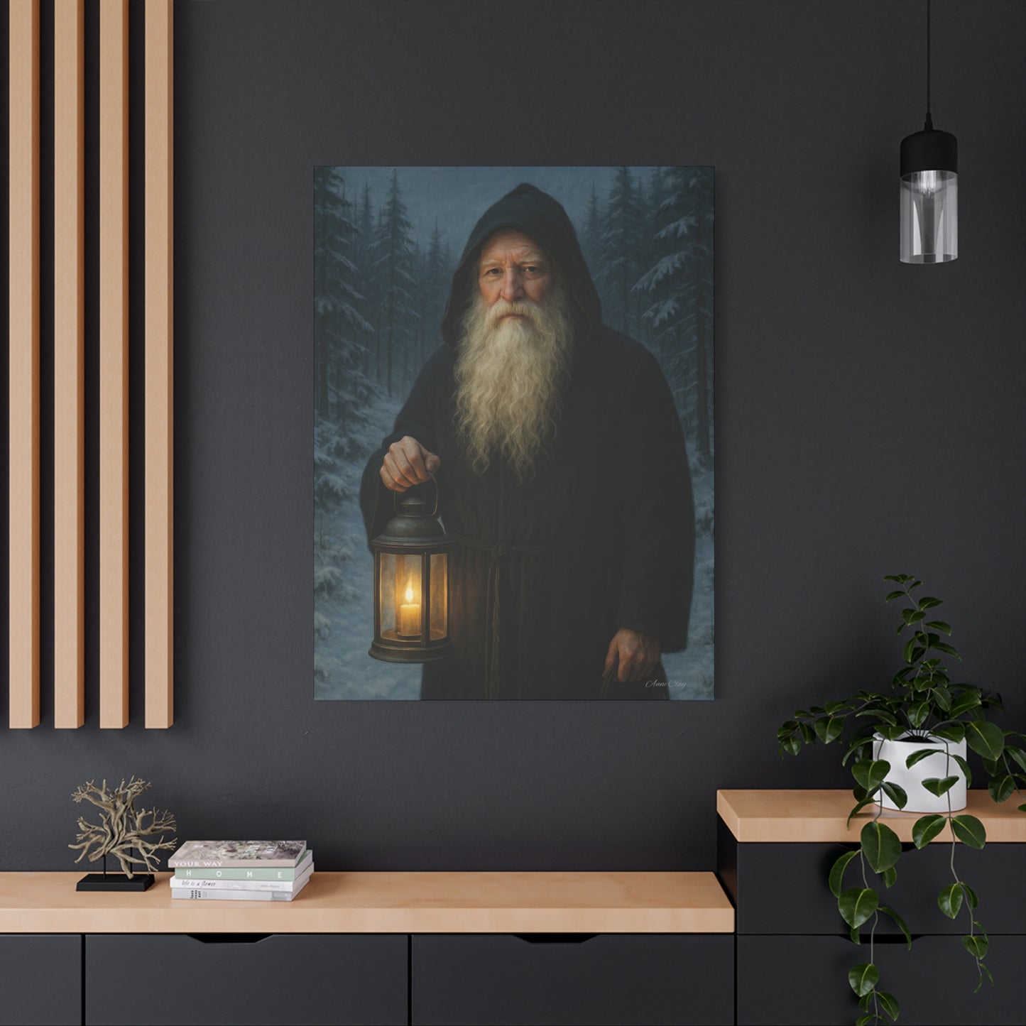 Old World Santa with Lantern Canvas Print, Wall Art, Home Decor, Cabin Vibes, Gift for Him, Rustic Wall Decor, Nature Lover's Gift