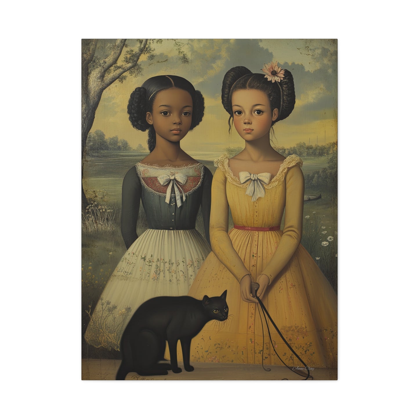 Canvas Wall Art, Timeless Sisters and Black Cat Portrait, Home Decor, Art Gift for Her, Vintage-Inspired Decoration