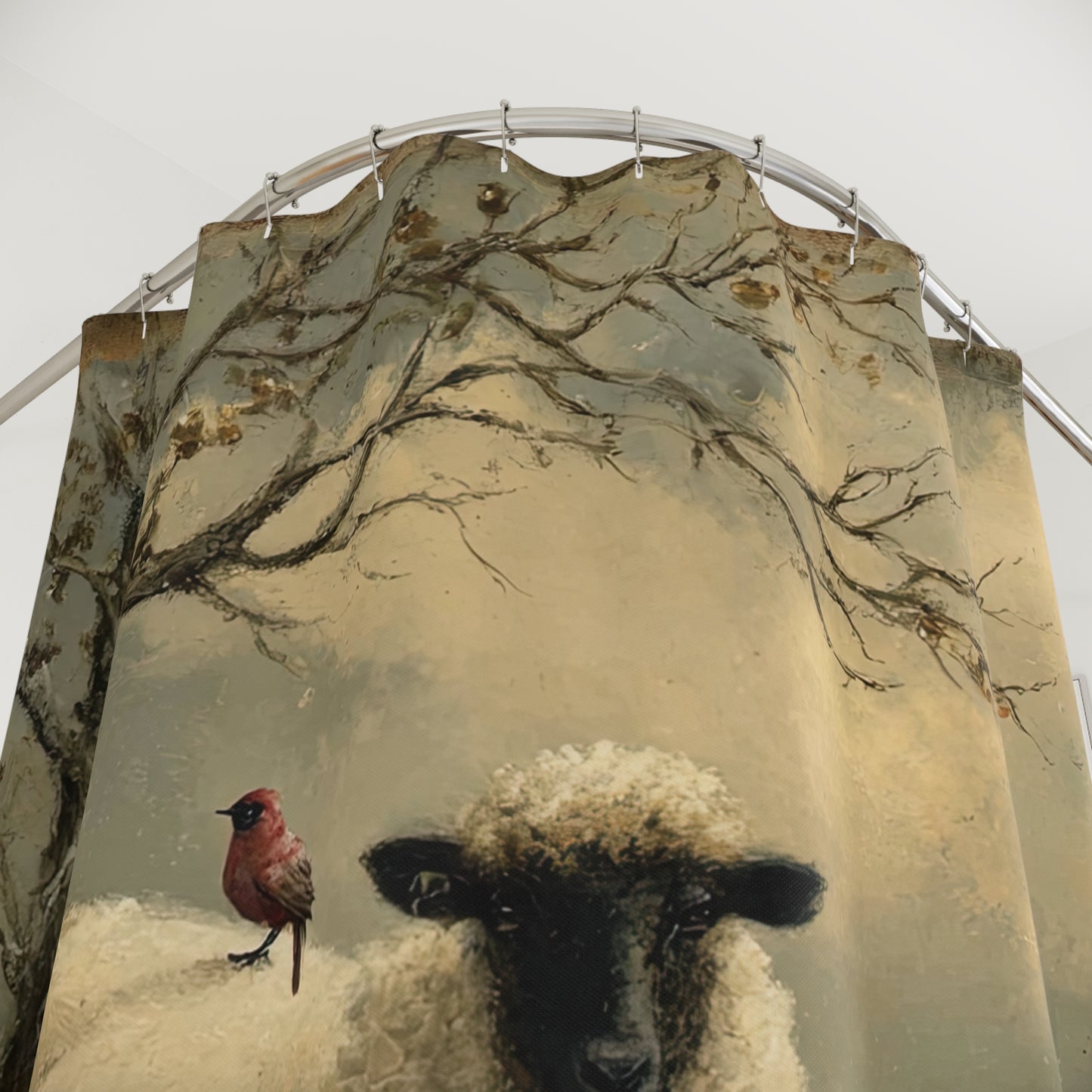 Rustic Animal Shower Curtain with Sheep and Cardinal Design, Farmhouse Decor, Bathroom Accessories, Gift for Nature Lovers, Cozy Home